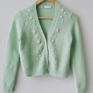 ZARA Green Seafoam Pearl Wool Alpaca Cardigan